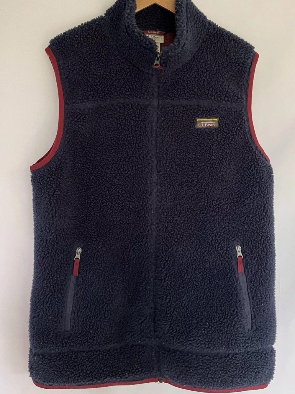 L.L.Bean Men's Full Zip Sherpa Fleece Vest Navy Blue w/ Burgundy Trim Large Tall